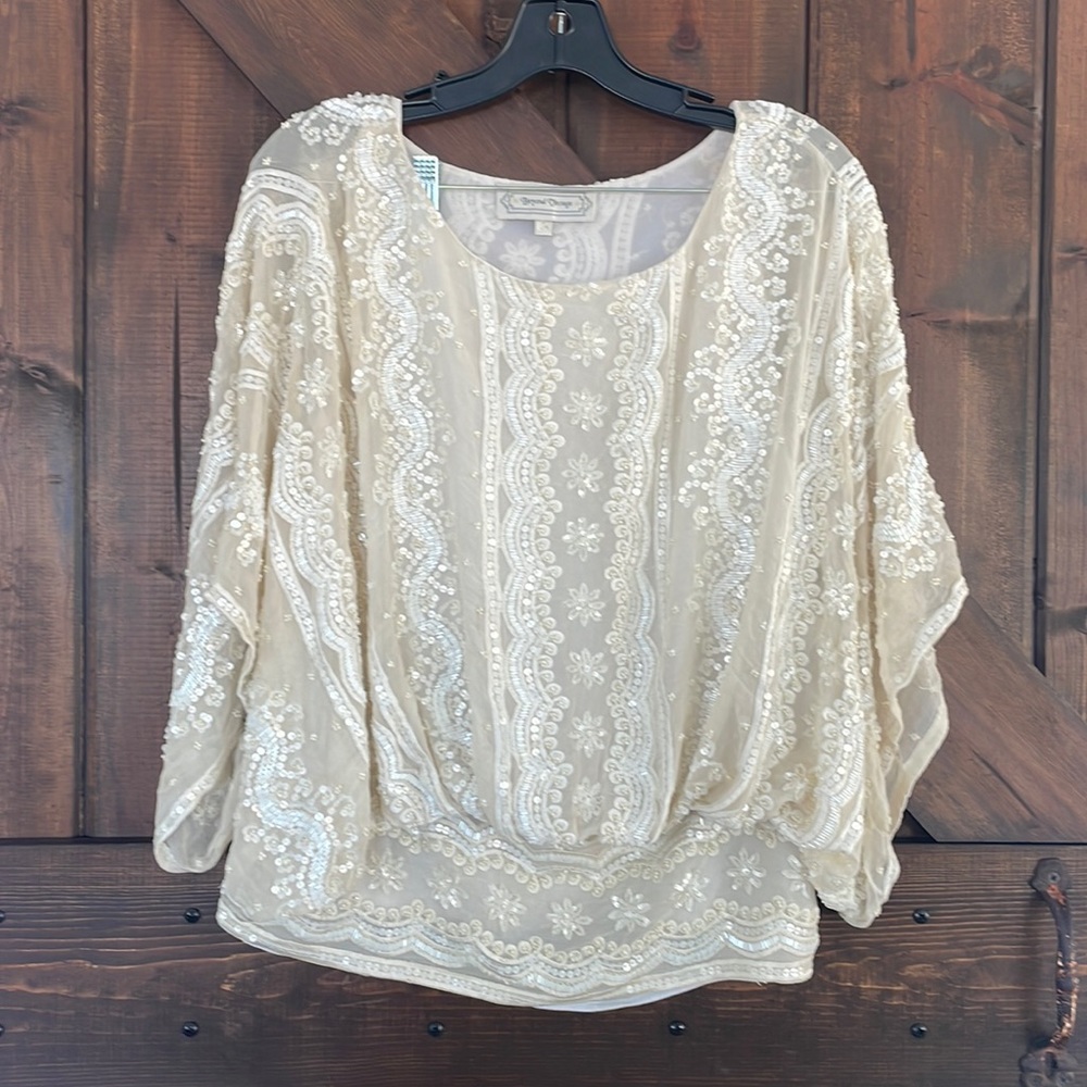 Embroidered Sequin Dolman Top - Cream
